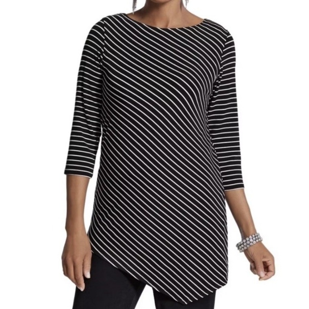 Chicos Travelers Womens M 1 Black White Striped Slinky Asymmetrical Hem Top